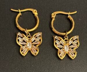 Gold Tone Butterfly Hoop Earrings CZ Baguette Dangle Sparkle